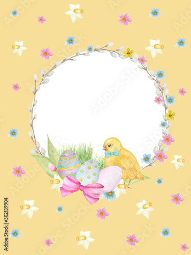 Watercolor Easter wreath on yellow background. Greeting cards design, banners, invitations, poster concept. Hand painted Round frame with pussy willow branch, spring flowers, colored eggs, copy space