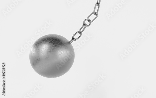 metal chain with a wrecking ball swinging on it. Demolishing works. 3d render illustration