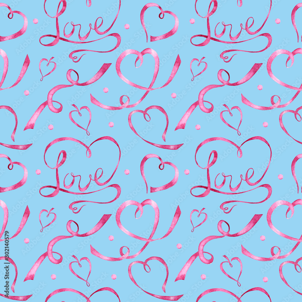 Seamless pattern Watercolor ribbon heart, love letter Greeting card concept. Wedding or Valentine's Day banner, poster design. Hand drawn red pink hearts on blue background. texture for scrapbooking Seamless pattern Watercolor ribbon heart, love letter Greeting card concept. Wedding or Valentine's Day banner, poster design. Hand drawn red pink hearts on blue background. texture for scrapbooking