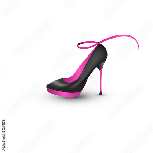 Vector female high heel shoe. Black shoe with purple ribbon. Vector logo design template