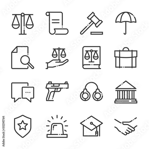 Law and justice bold line icon set