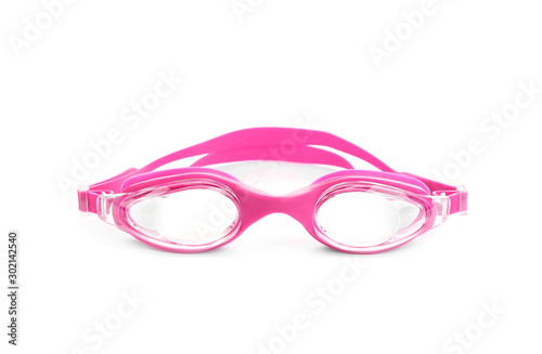 Pink swim goggles isolated on white. Beach object