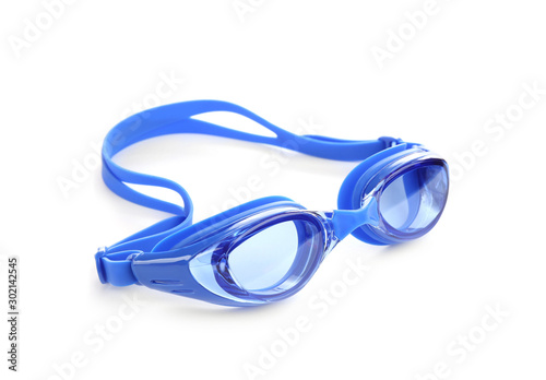 Blue swim goggles isolated on white. Beach object photo