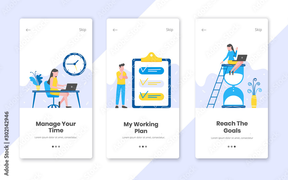 3 vertical time management banners set with work time planning flat style design vector illustration. Tiny people working at the workplace with hourglass, clipboard and notebook.