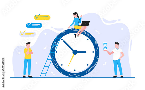 Tiny people characters working together teamwork and time management concept flat style design vector illustration isolated white background.