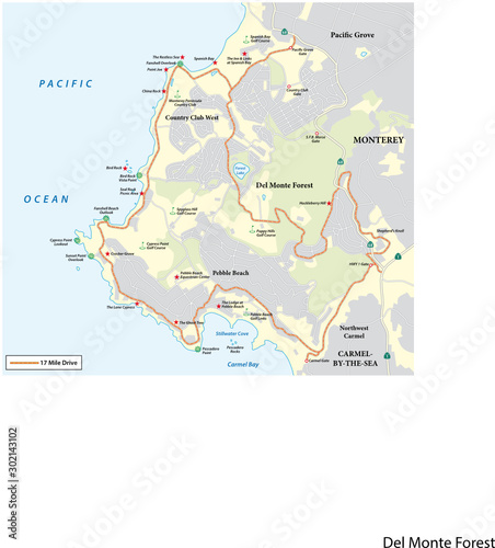 Map of Seventeen Mile Drive a scenic road through Pebble Beach and Pacific Grove on the Monterey Peninsula in California photo