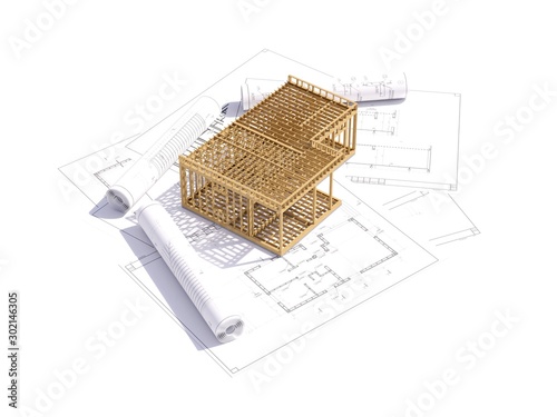 Fototapeta Naklejka Na Ścianę i Meble -  3d render of a frame building concept. Detailed concept of construction with house project. 3D illustration of modern frame house concept.