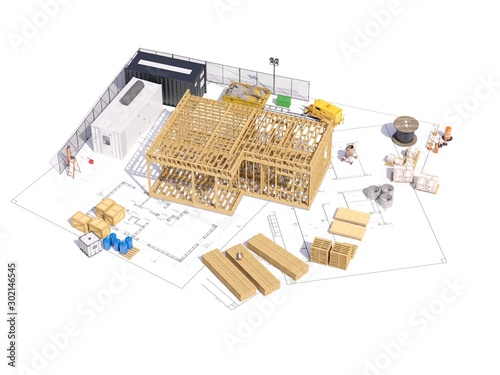 Fototapeta Naklejka Na Ścianę i Meble -  3d render of a frame building concept. Detailed concept of construction with house project. 3D illustration of modern frame house concept.
