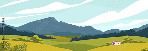 Panoramic landscape with meadows and mountains. House in rural area vector illustration. Scenic outdoor nature view with cottage in countryside. Idyll country life. Green hills, blue sky.