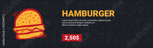 FastFood Menu with Hamburger. Hand draw doodle background.