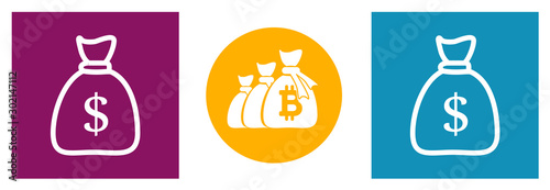 bag of money. Set of modern icons in different colors. bag money in yellow circle, red and blue square. Linear icon.