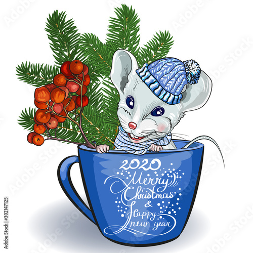 2020 Calendar the year of the Rat, Horoscope Zodiac sign. White mouse in a mug with branches of spruce and Rowan berries. Decorative greeting card-happy New year and merry Christmas.