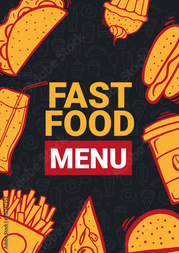 FastFood Menu with tasty dishes. Burger, French Fries, Soft Drinks and Coffee. Hand draw doodle background.