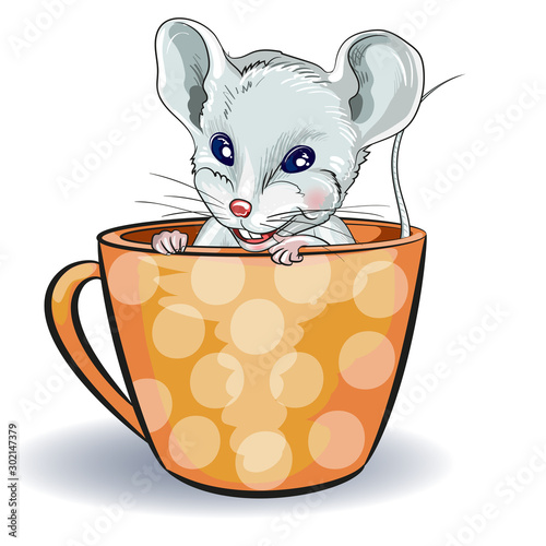 2020 Calendar the year of the Rat, Horoscope Zodiac sign. White mouse sitting in a mug. greeting card decoration -happy New year and merry Christmas.