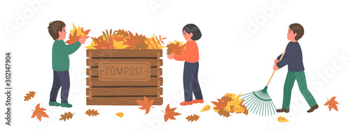 Composting. Autumn clean up. Children making compost from fallen autumn leaves on white background. Recycling concept. 