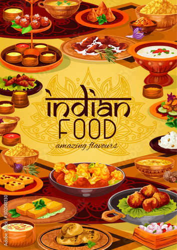 Indian dishes of rice, meat, seafood with veggies