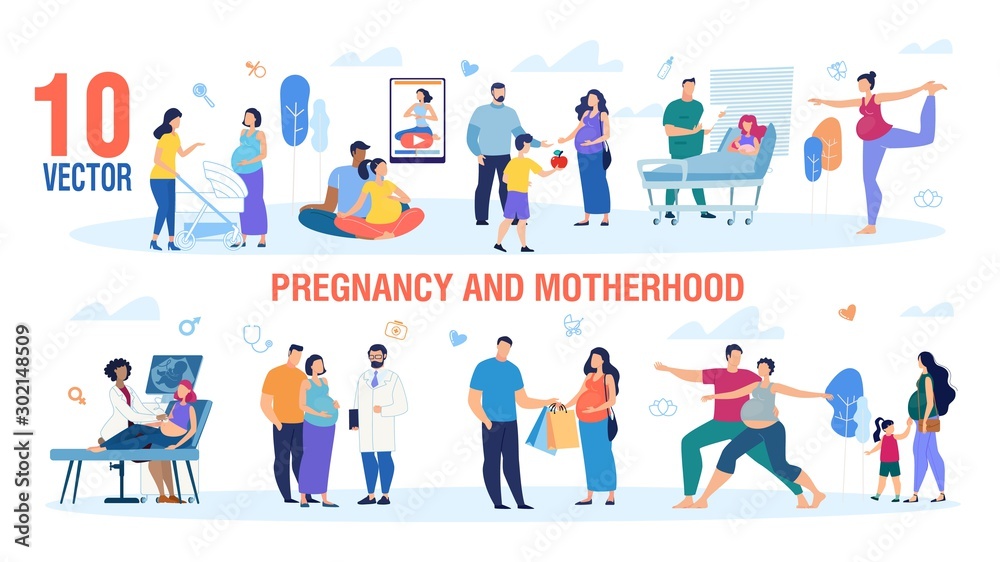 Pregnancy and Motherhood Trendy Flat Vector Characters Set. Active Pregnant Women Walking with Child, Visiting Doctor, Meeting Friend, Shopping and Doing Exercises with Husband Illustration Collection