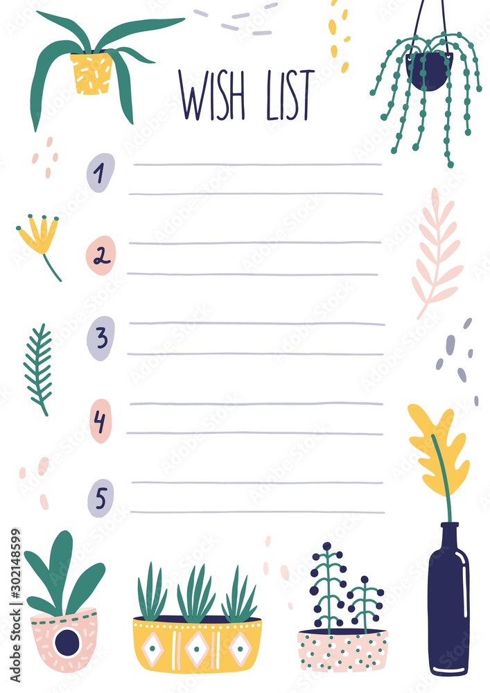 Botanical wish list flat vector illustration. Blank numbered list with  flowers illustrations isolated on white. Empty sheet with place for text.  Floral wishlist design with decorative plants. Stock Vector | Adobe Stock