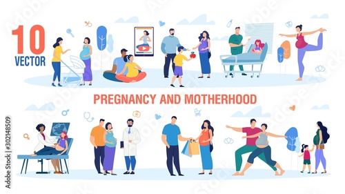 Pregnancy and Motherhood Trendy Flat Vector Characters Set. Active Pregnant Women Walking with Child  Visiting Doctor  Meeting Friend  Shopping and Doing Exercises with Husband Illustration Collection
