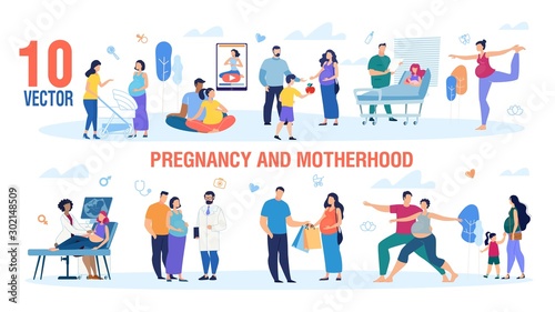 Pregnancy and Motherhood Trendy Flat Vector Characters Set. Active Pregnant Women Walking with Child, Visiting Doctor, Meeting Friend, Shopping and Doing Exercises with Husband Illustration Collection