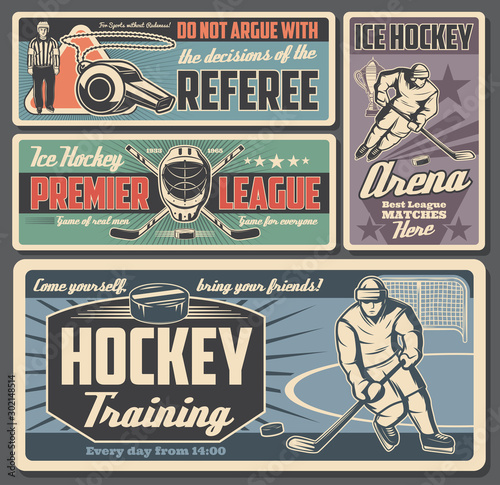 Ice hockey players on rink with sticks and pucks