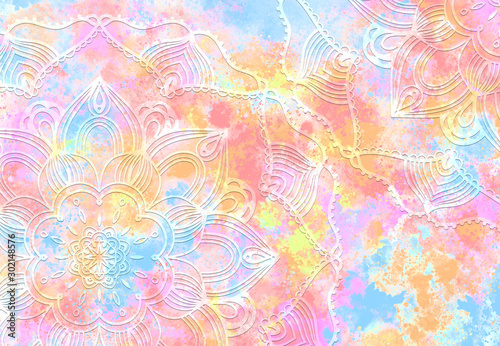 Abstract mandala graphic design and watercolor digital art painting for ancient geometric concept background