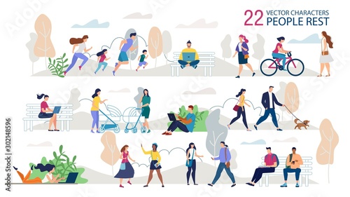 Resting Outdoors People Characters Trendy Vector Set. Parents with Children Jogging Together, Students, Freelancers Sitting on Bench, Couple Walking with Dog, Ladies Meeting in Park Illustration