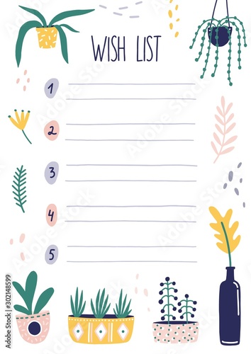 Botanical wish list flat vector illustration. Blank numbered list with flowers illustrations isolated on white. Empty sheet with place for text. Floral wishlist design with decorative plants.