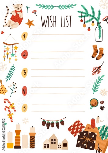 Xmas wish list flat vector illustration. Notebook sheet page with festive decorations. Santa Claus letter design with christmas ornaments. Winter holiday themed numbered list with place for text.