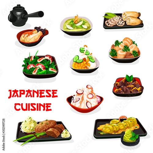Japanese vegetable dishes with meat and shrimps