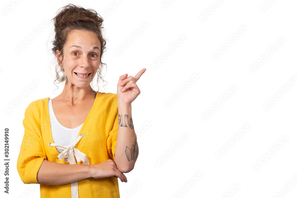 woman showing finger on copy space for product or text, isolated of white background. woman showing finger on copy space for product or text, isolated of white background.