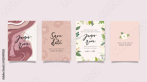 Luxury Wedding Invitation set,  invite thank you, rsvp modern card Design in Golden and white rose with leaf greenery branches  decorative Vector elegant rustic template