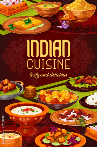 Indian vegetable stew, rice, cheese and meat curry