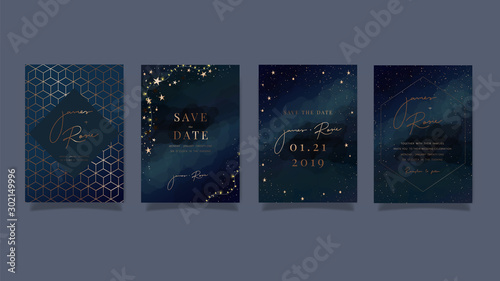 Blue Universe Wedding Invitation, universe invite thank you, rsvp modern card Design in little star light in the sky, space Vector elegant rustic template