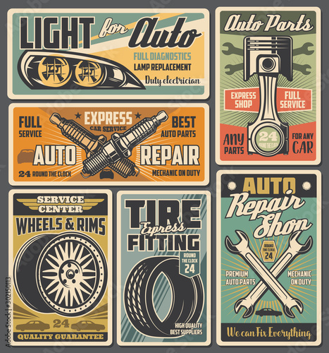 Car spare parts. Auto tire, piston and spark plugs