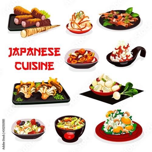 Japanese vegetable salads with meat and seafood
