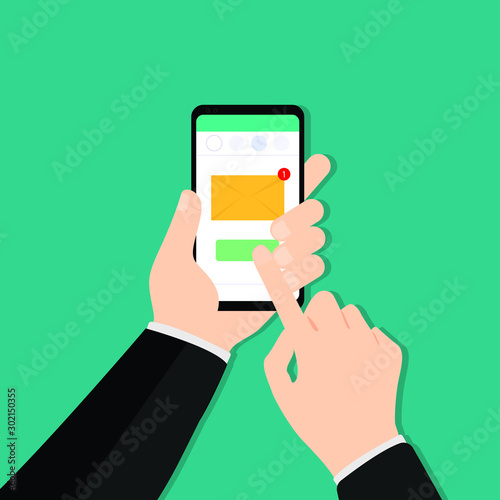 Bussniess man  holding smartphone with email symbol on the blank screen. New message on the smartphone screen concept.