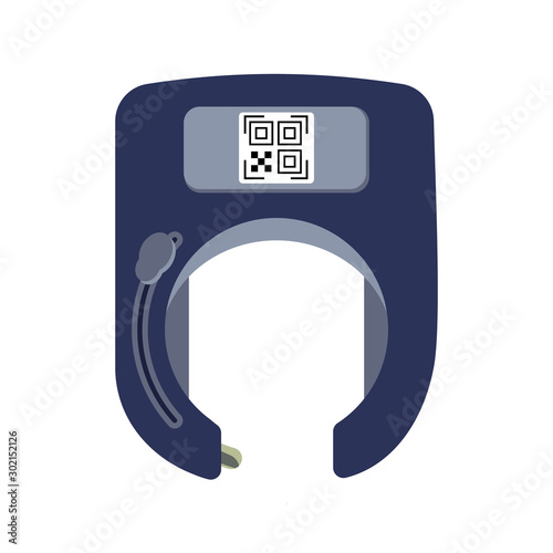Unlocked open smart bicycle lock in the form of a horseshoe with a QR code on a white background isolated. Theft protection and methods of payment for rent and sharing. Vector flat illustration