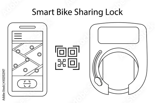Smart bike lock for rental and sharing services of bicycles or scooters. The lock on the wheel opens using a mobile app and qr code, bluetooth or wireless key. Vector illustration outline.
