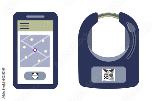 Smart bike lock against thieves and for rental and sharing services of bicycles or scooters. The lock on the wheel opens using a mobile app and qr code, bluetooth or wireless key. Vector illustration.