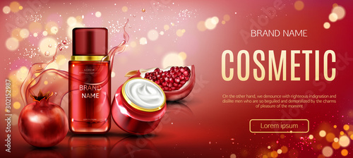 Pomegranate cosmetics bottle and cream jar mock up banner, tubes with ripe garnet and water splashes, beauty skin care cosmetics product package design. Realistic 3d vector illustration, ad banner