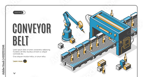 Factory conveyor belt isometric landing page. Robotic arms packing glass bottles production on transporter line. Automation, smart industrial robot assistants. 3d vector illustration, line art, banner