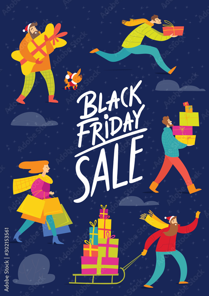 Black Friday winter sale poster with vector people