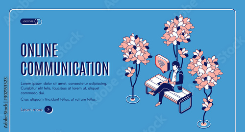 Online communication isometric landing page, man sitting on bench in park chatting in social media networks messenger, reading news on mobile phone. Networking 3d vector web banner template, line art