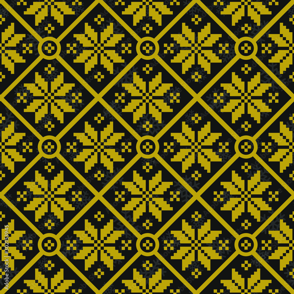 Vector seamless geometric pattern with golden knitted snowflakes on black background; winter design for greeting card, sweater, gift box, wallpaper, wrapping paper, fabric, web design. Vector seamless geometric pattern with golden knitted snowflakes on black background; winter design for greeting card, sweater, gift box, wallpaper, wrapping paper, fabric, web design.