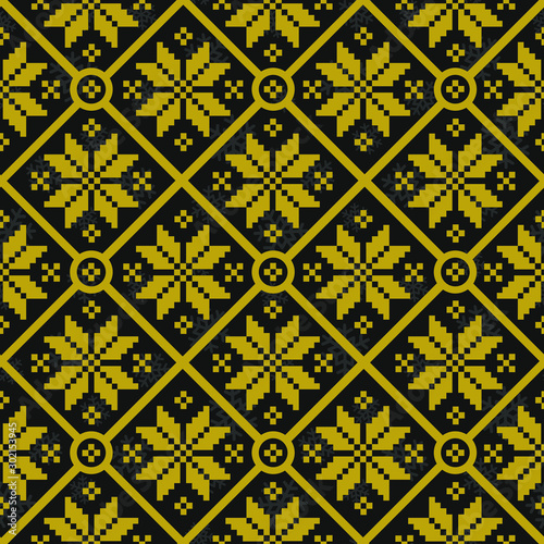 Vector seamless geometric pattern with golden knitted snowflakes on black background; winter design for greeting card, sweater, gift box, wallpaper, wrapping paper, fabric, web design.