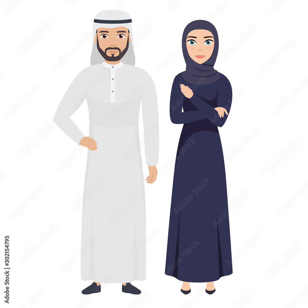 Muslim man and woman. People in folk clothes. Couple, husband and wife. Isolated vector illustration.