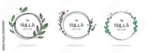 Set of 6 circle cute hand drawn frames on the white background. Doodle hand drawn decorative outlined wreaths with branches, leaves and flowers. Vector illustration. Circle frames