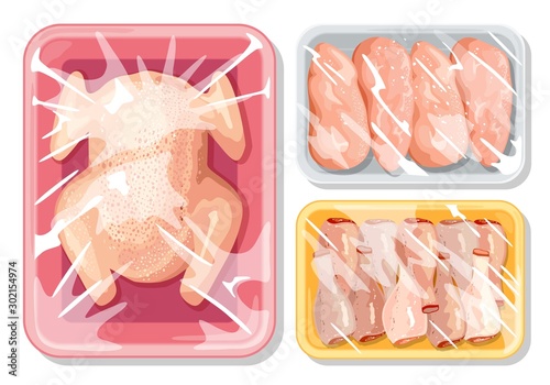 Big vector set with plastic packages of meat, poultry for best keeping food safe. Raw, fresh whole chicken, breasts, leg quaters, drumsticks are on tray covered clingfilm. Cartoon mockups on white.