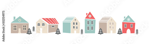 Cute sbanner with houses in Scandinavian, Nordic style. Pretty background for kids collection. illustration. Trendy style